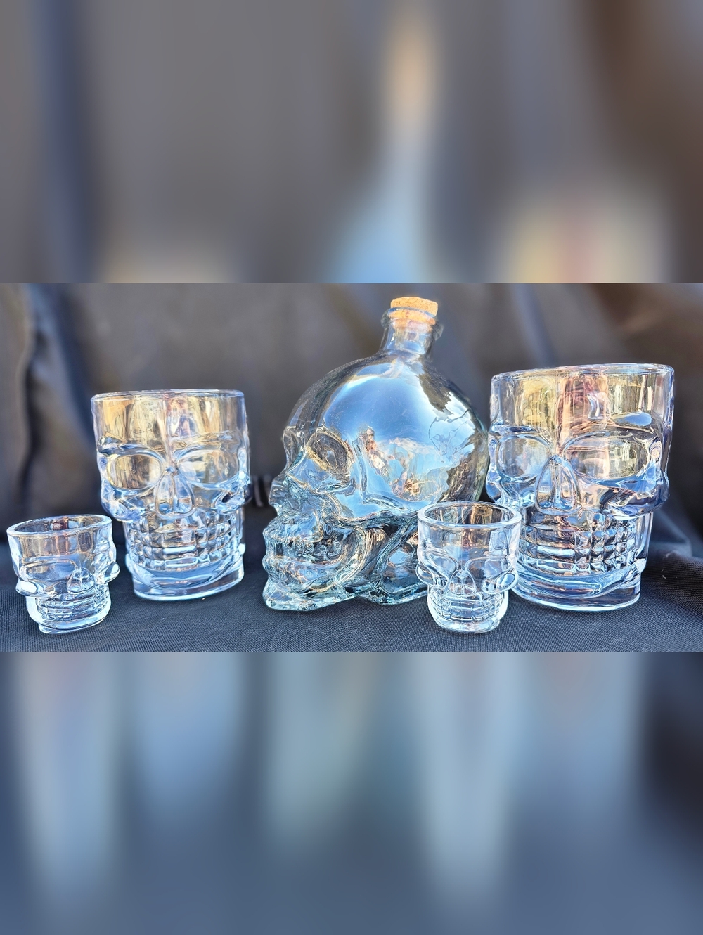 Glass Skull Decanter With Matching Glasses and Shot Glasses.